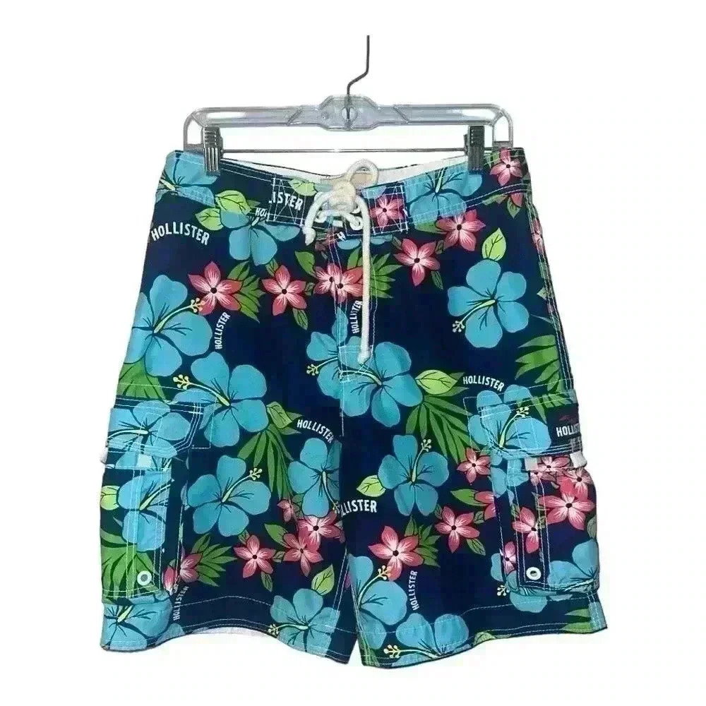 Hollister Vintage Mens Blue Hibiscus Swim Shorts, Medium